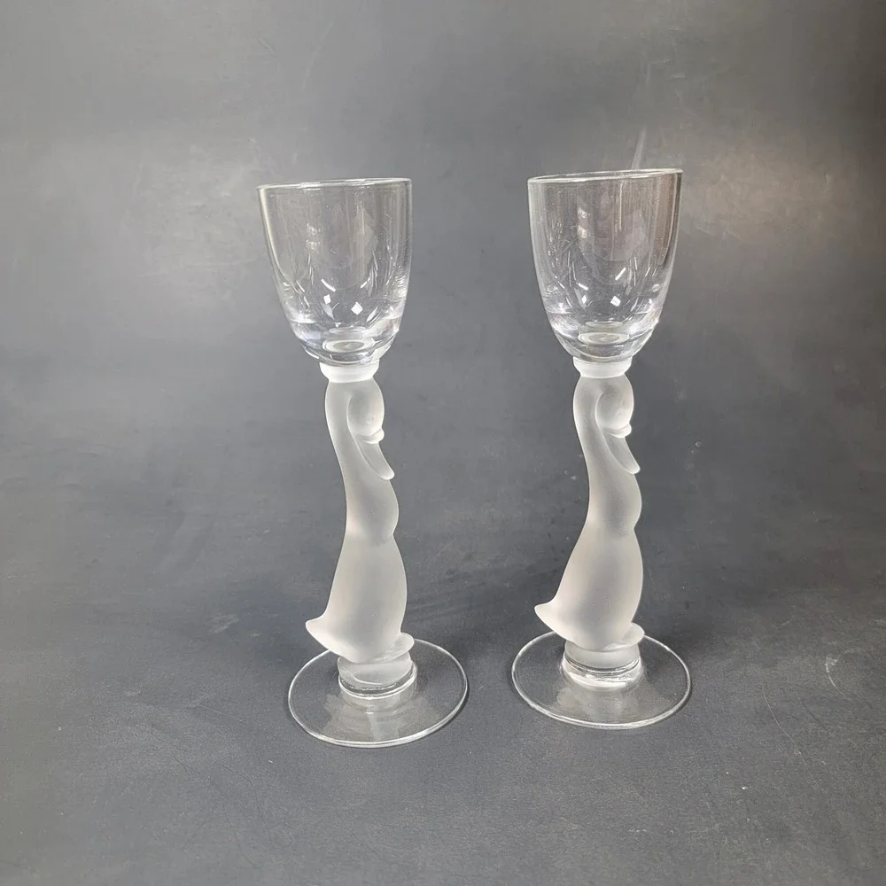 Heisey Glass 2 Frosted Goose Stem‎ Wine Glass 1940's Heisey Animals & Figurines